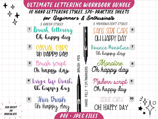 BUNDLE of 10 Lettering Workbooks with 370 Hand Lettering Practice Worksheets -Brush/Monoline for Procreate & Print, Modern Calligraphy, Ipad