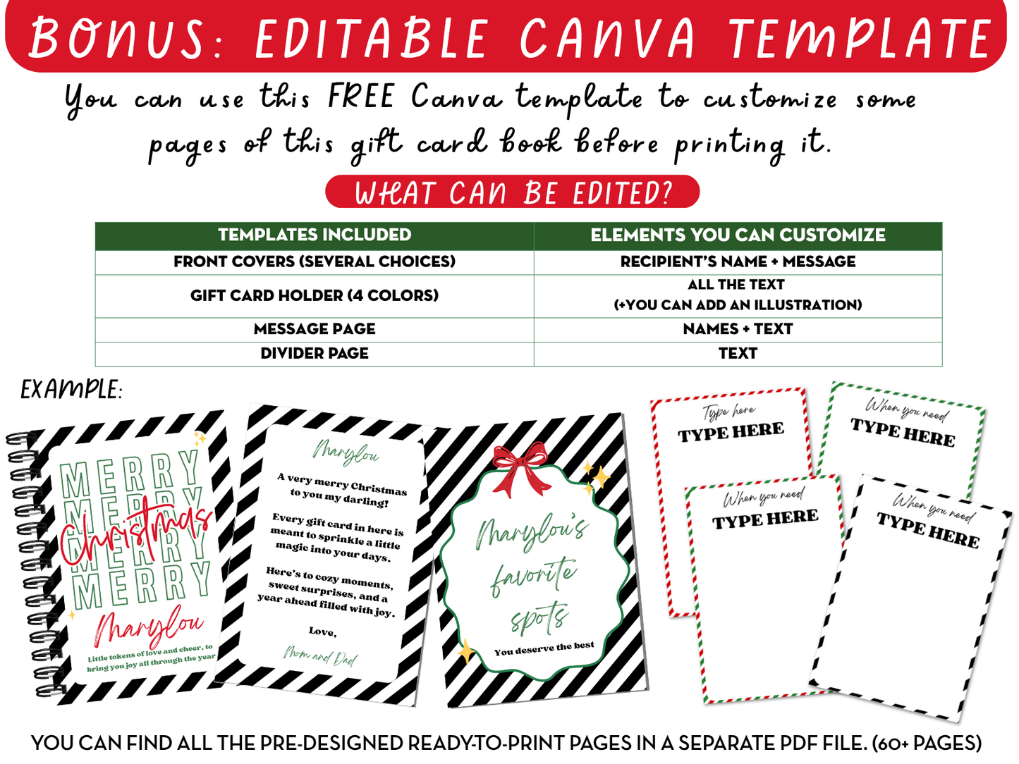 Editable & Printable Christmas Gift Card Book - 50 gift card holders + 3 covers in 2 sizes 4x6 & 5x7 (SET B)