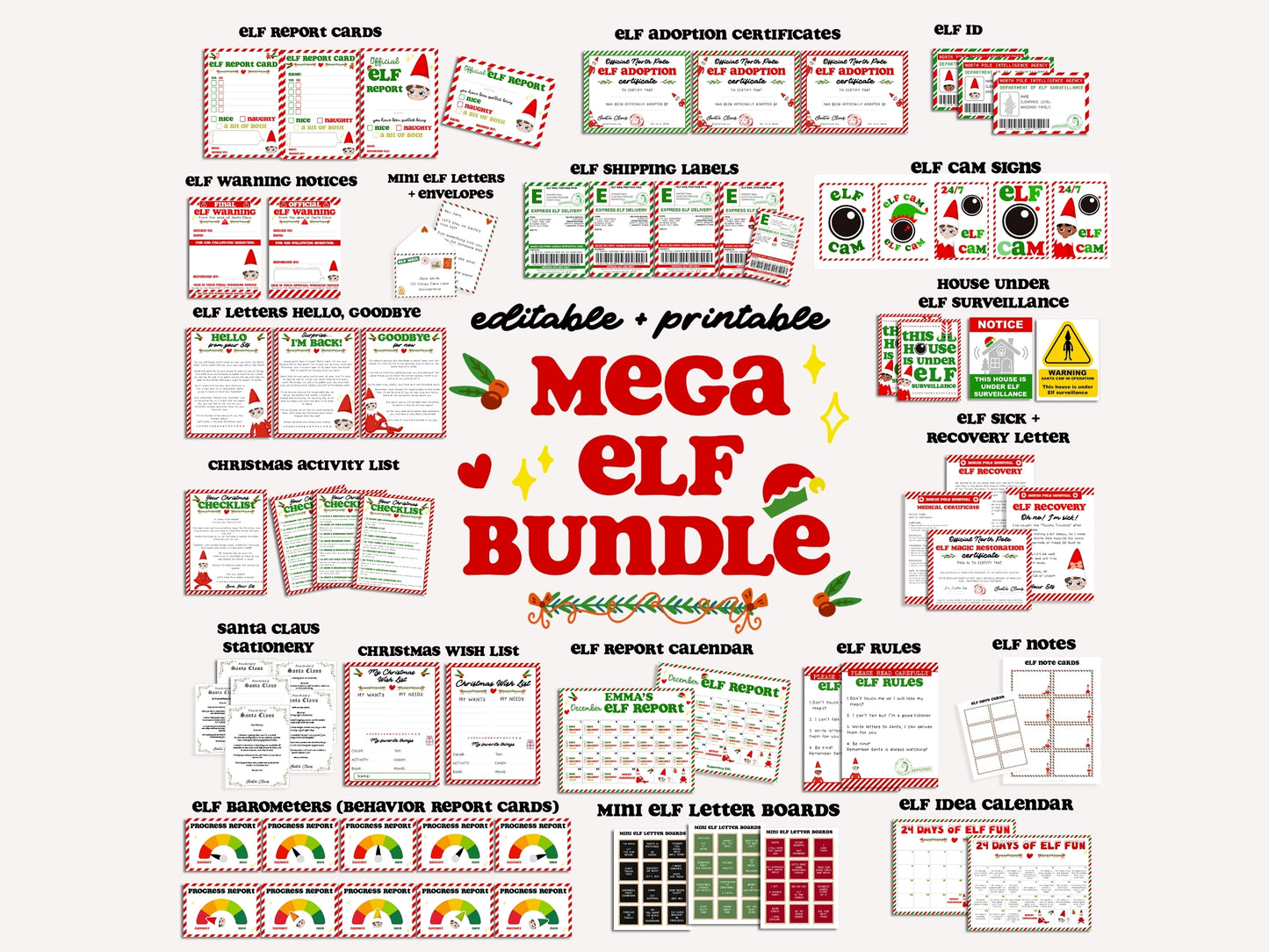 BUNDLE of 20 Elf Printable Templates: Elf Letter, Elf Adoption Certificate, Elf Report, Elf Warning, Elf Surveillance Elf Cam, Santa Letter & More!