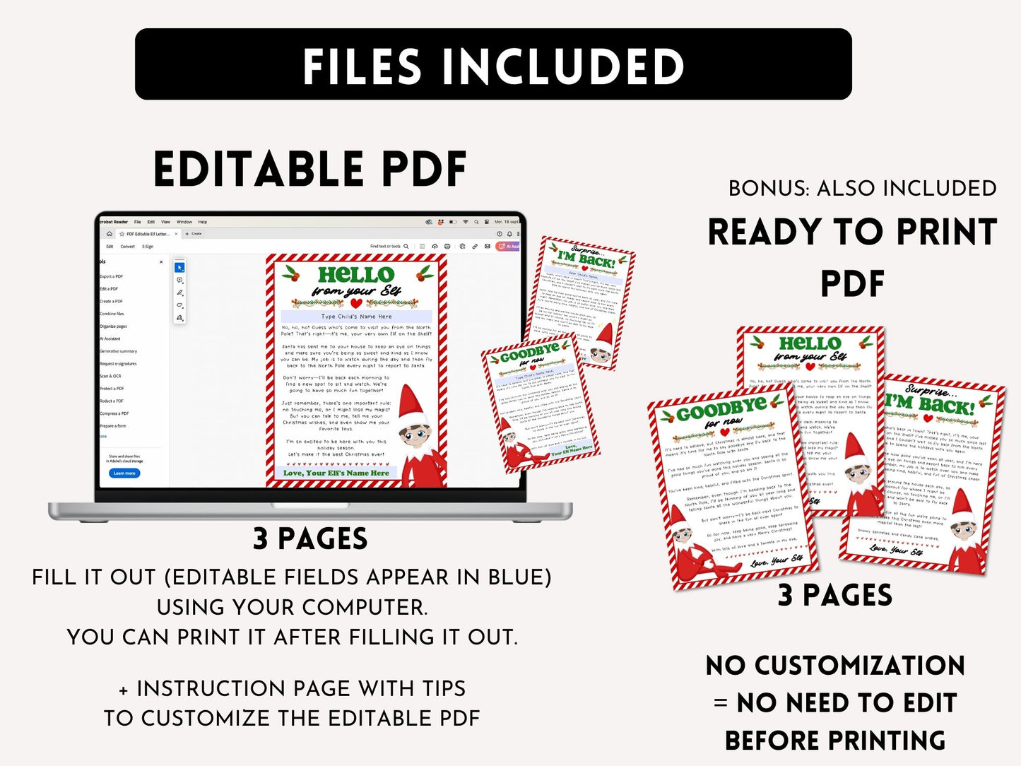 Set of 3 Editable Elf Letters