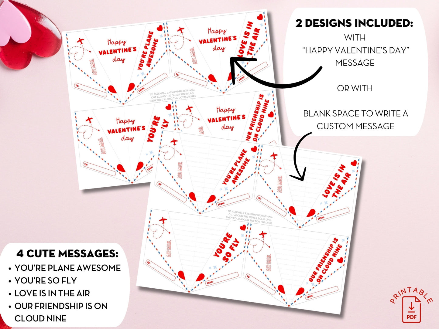 Paper Airplane Valentine Printable Card (4 designs in 2 sizes)