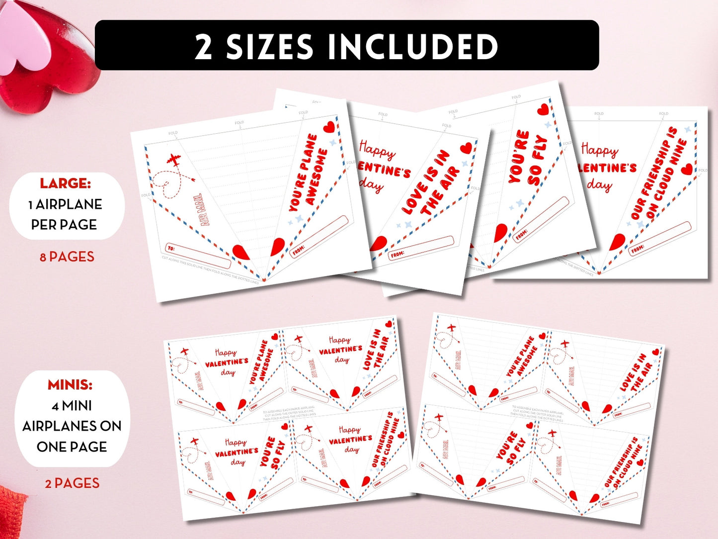 Paper Airplane Valentine Printable Card (4 designs in 2 sizes)