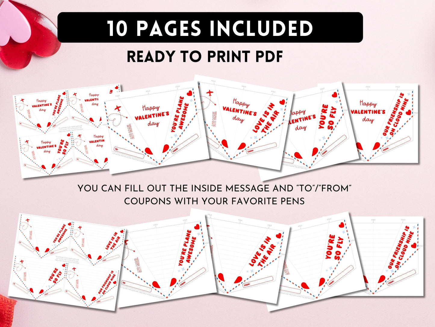 Paper Airplane Valentine Printable Card (4 designs in 2 sizes)