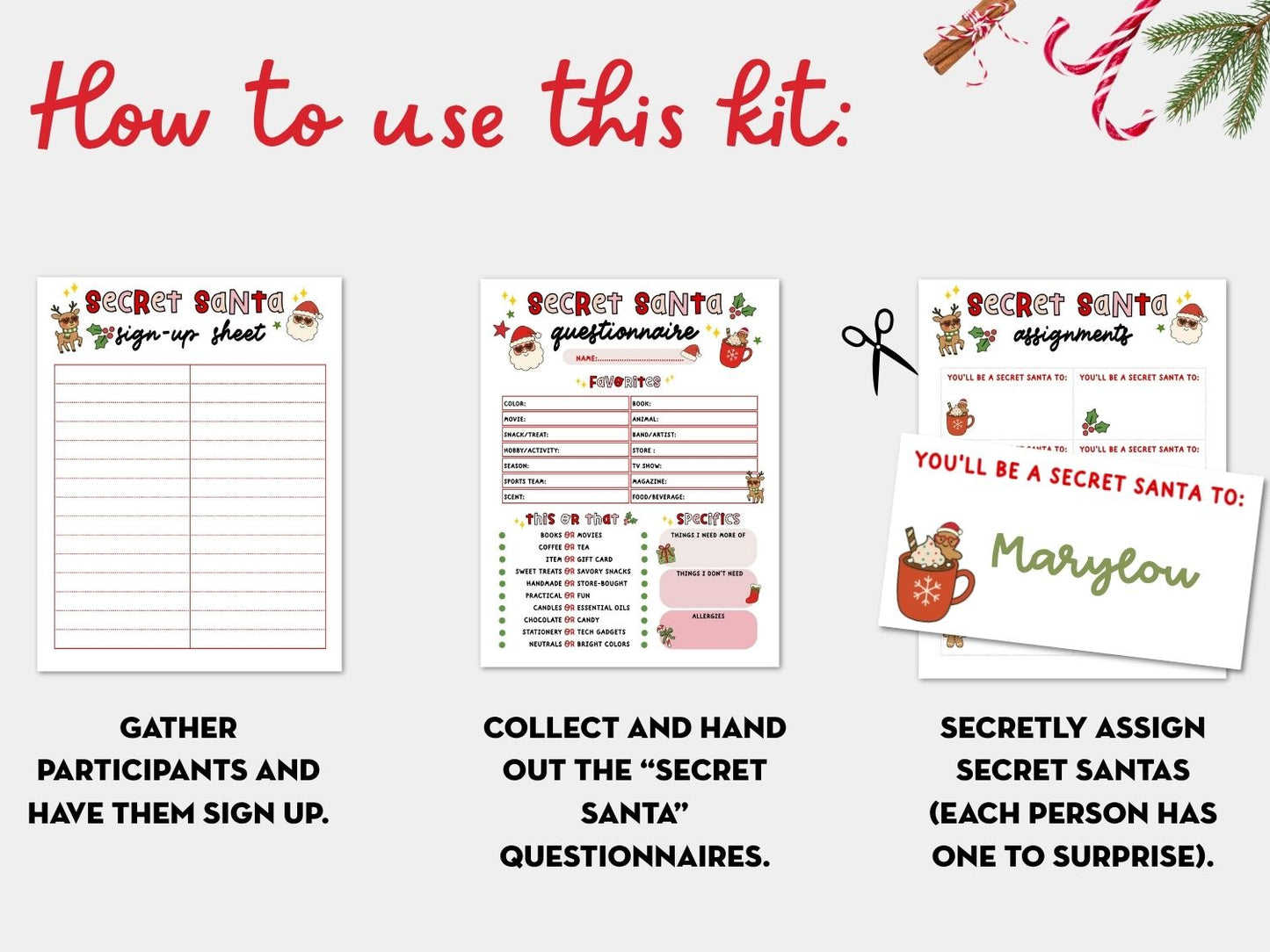 Printable Secret Santa Questionnaire + Gift Exchange Kit