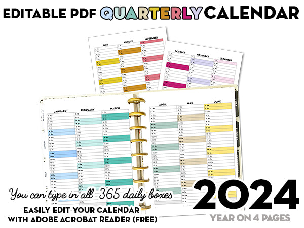 EDITABLE PDF - 2024 QUARTERLY Calendar - Rainbow