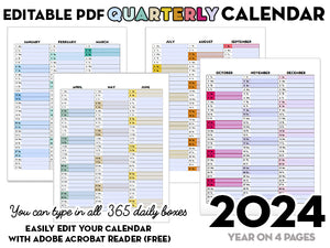 EDITABLE PDF - 2024 QUARTERLY Calendar - Rainbow