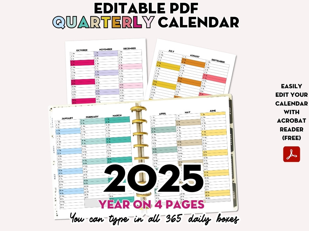 EDITABLE PDF - 2025 QUARTERLY Calendar - Rainbow โ Lovely Planner