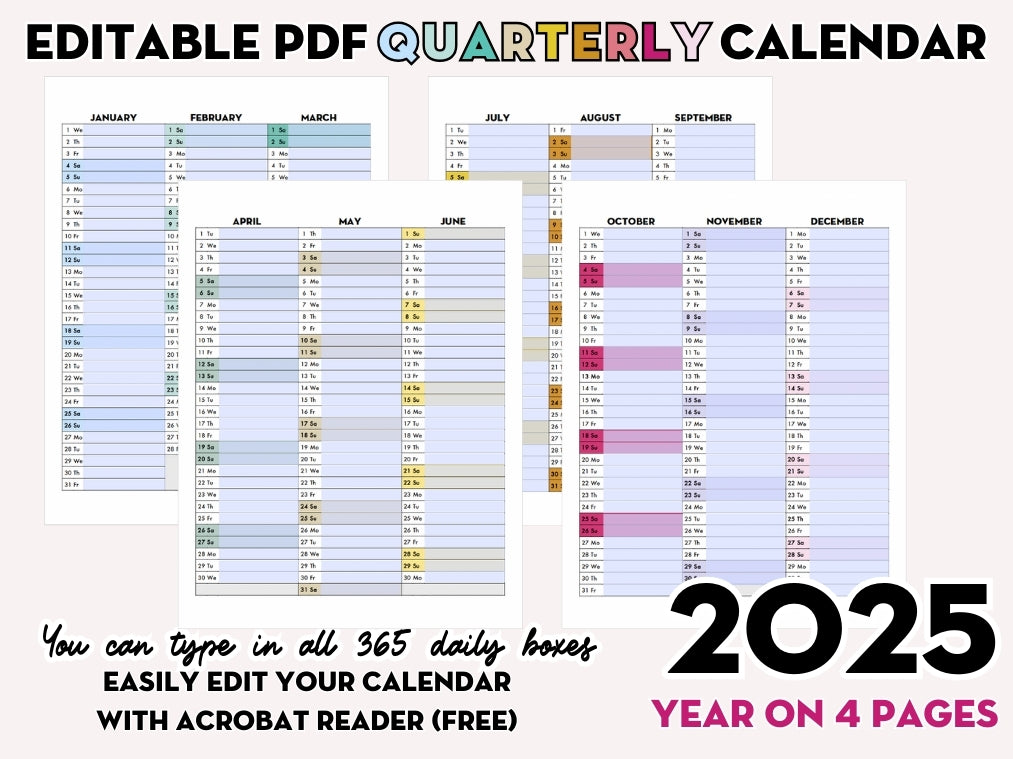 EDITABLE PDF - 2025 QUARTERLY Calendar - Rainbow