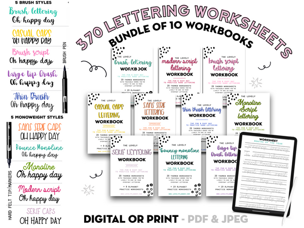 BUNDLE of 10 Lettering Workbooks with 370 Hand Lettering Practice Worksheets -Brush/Monoline for Procreate & Print, Modern Calligraphy, Ipad