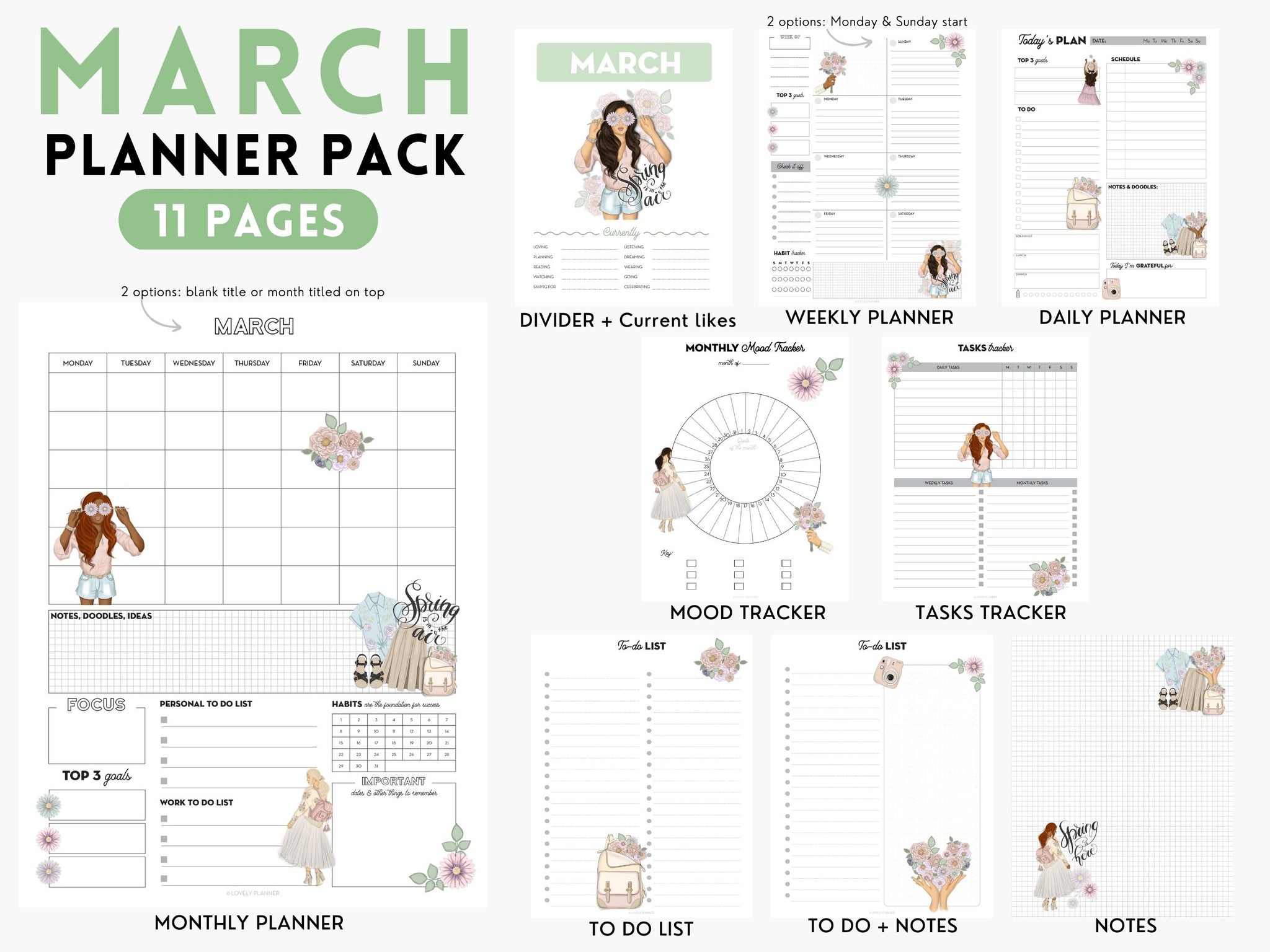 March Planner Pack - 11 pages - Printable or Digital Planner
