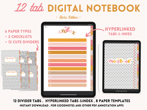 Digital Notebook with 12 hyperlinked tabs  for iPad and tablets - Goodnotes & Notability Notebook