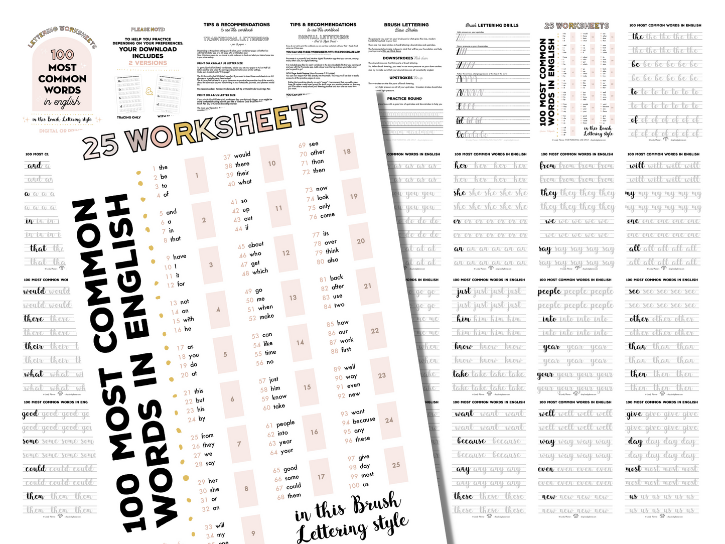 Top 100 Most Used Words | Lettering Practice Sheets for Procreate and Print