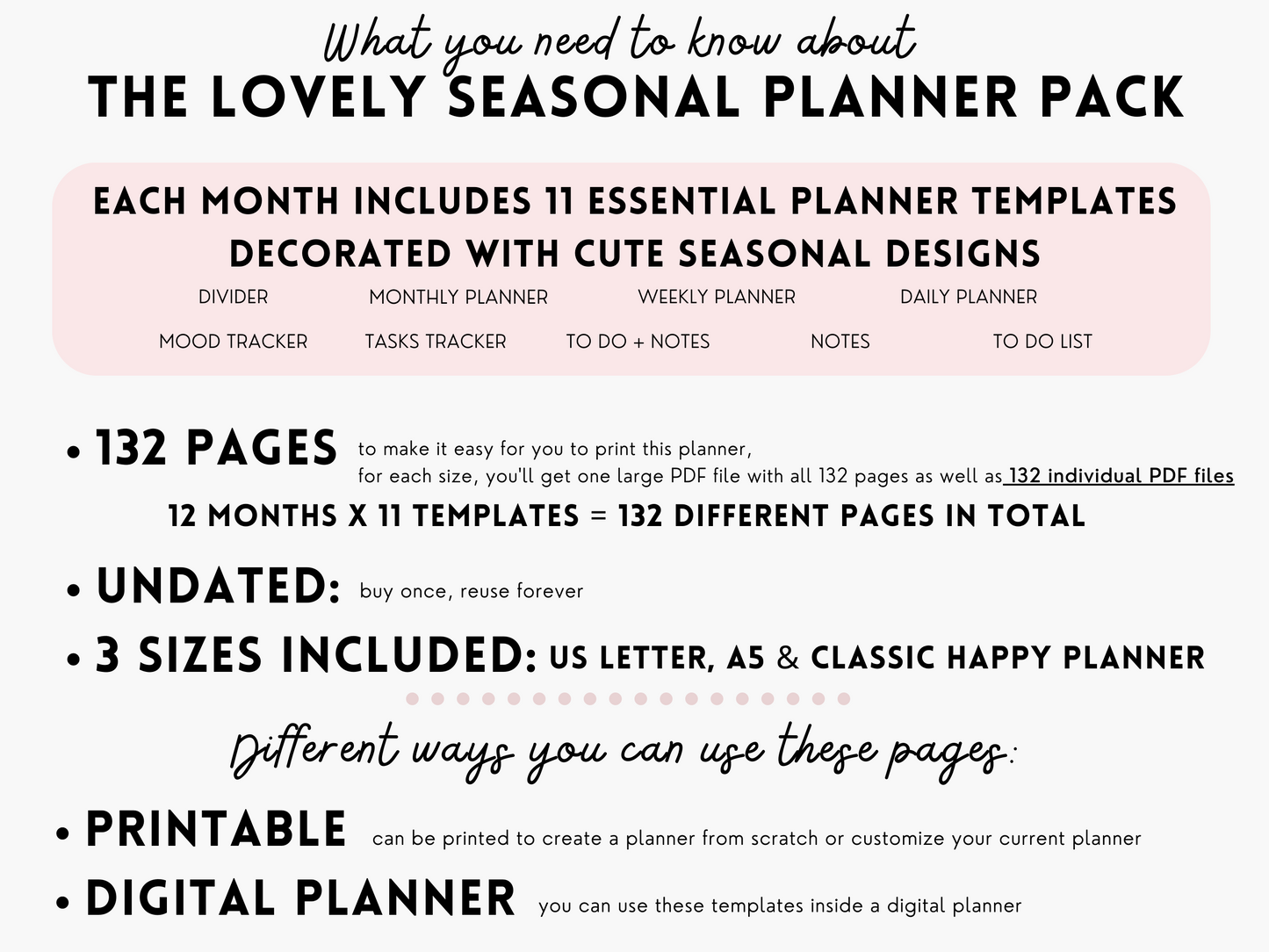 The Seasonal Planner Pack - 132 Pages: 12 Months of Cute Planner Pages - printable or digital planner