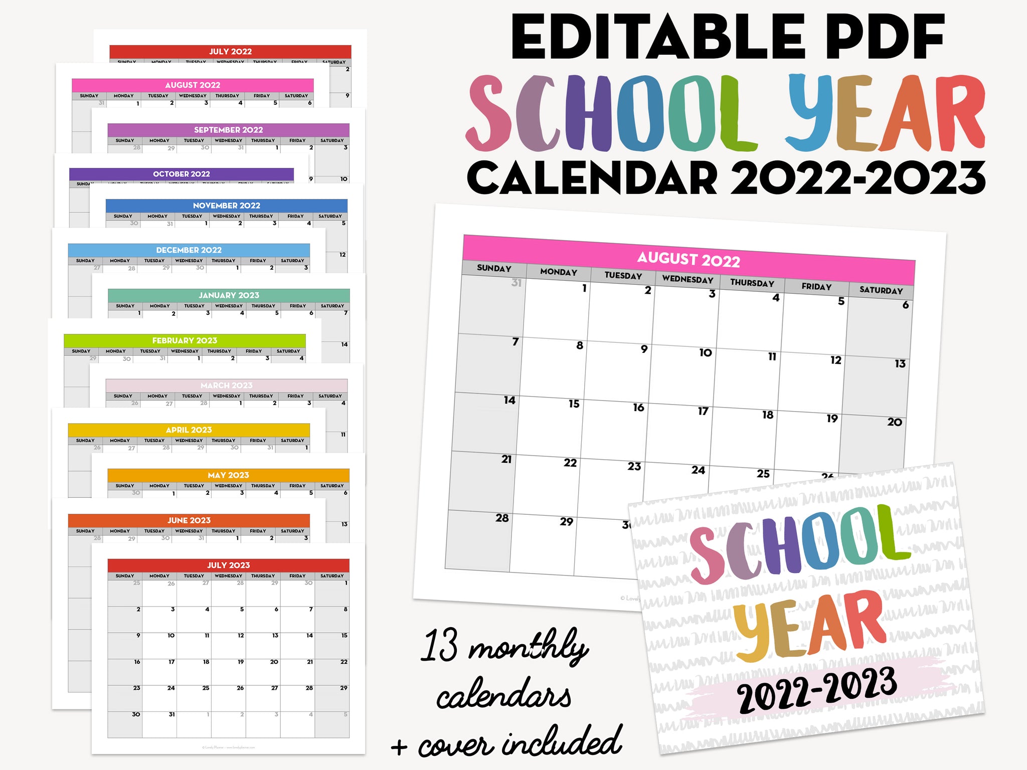 EDITABLE PDF - 2022-2023 Monthly School Calendar