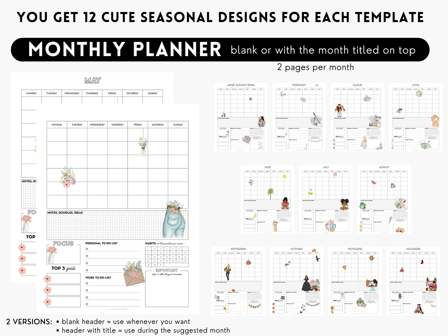 The Seasonal Planner Pack - 132 Pages: 12 Months of Cute Planner Pages - printable or digital planner