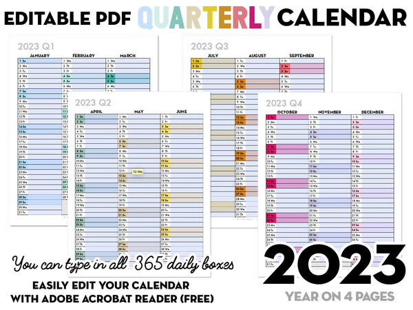 EDITABLE PDF - 2023 QUARTERLY Calendar - Rainbow