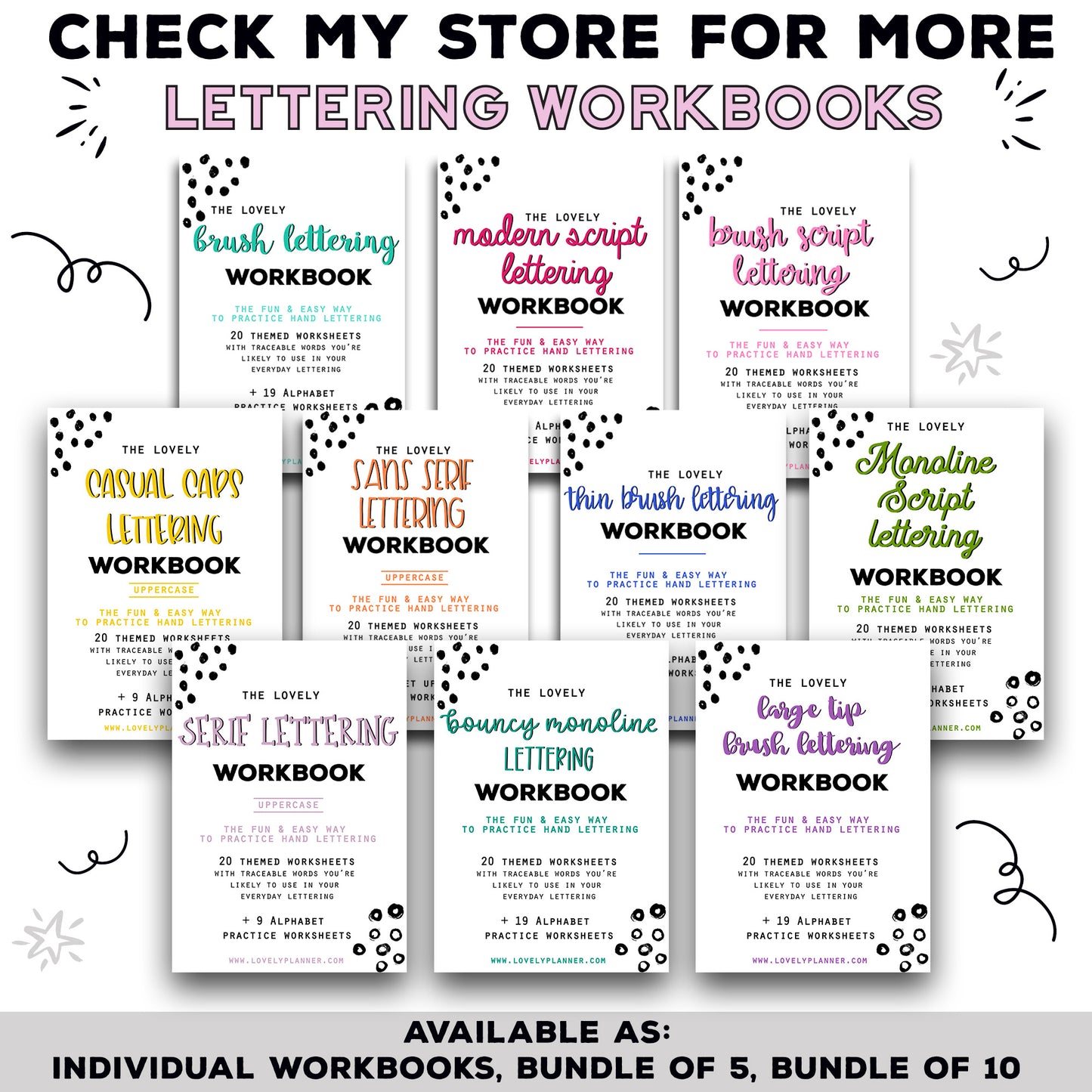 Thin Brush Lettering - 40 Practice Worksheets