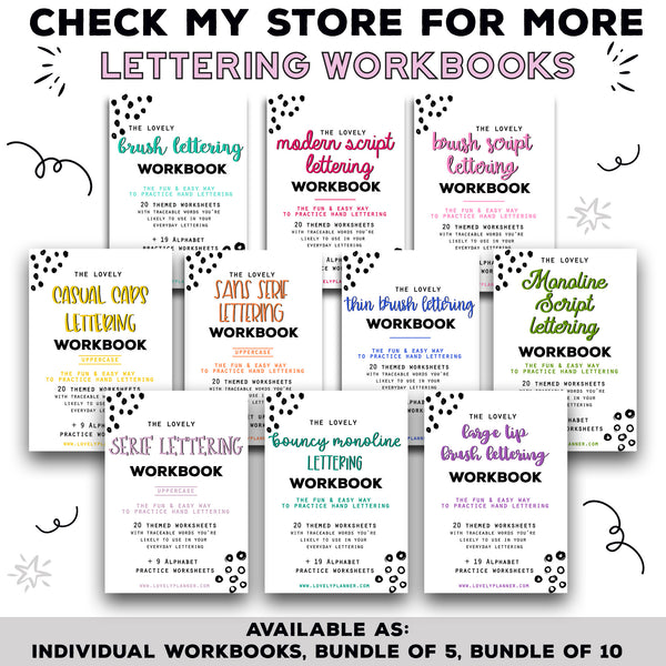 BUNDLE of 5 Lettering Workbooks with 180 Hand Lettering Practice Worksheets - Volume 2 - Procreate & Print, Modern Calligraphy, Ipad