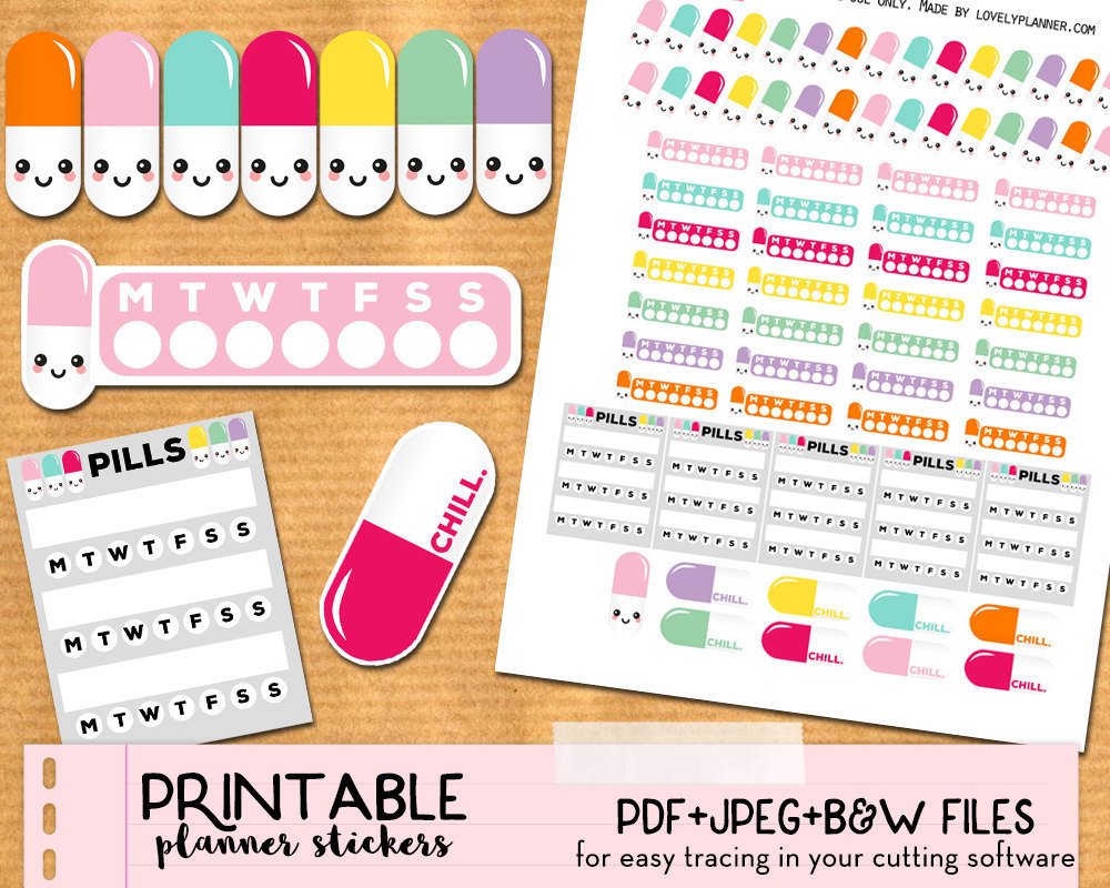Kawaii Pills medication intake tracker Stickers set for ECLP - Printable Planner stickers, Print and Cut stickers for ECLP, Filofax...