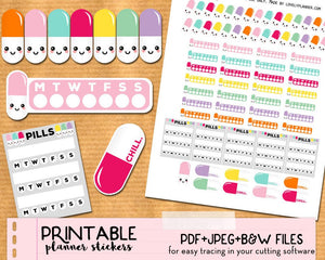 Kawaii Pills medication intake tracker Stickers set for ECLP - Printable Planner stickers, Print and Cut stickers for ECLP, Filofax...