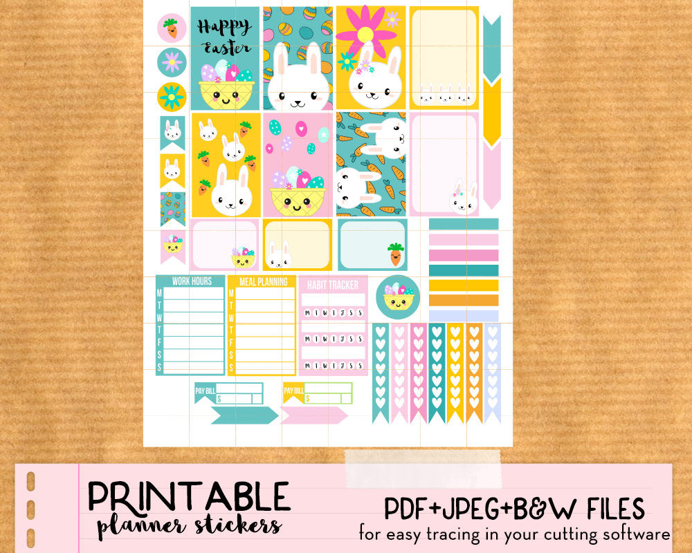 Spring Easter Bunny Weekly Stickers Kit - Printable