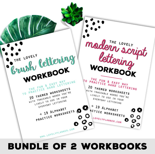 BUNDLE of 2 Lettering Workbooks with 80 Hand Lettering Practice Worksheets - Brush/Script -for Procreate & Print, Modern Calligraphy, Ipad