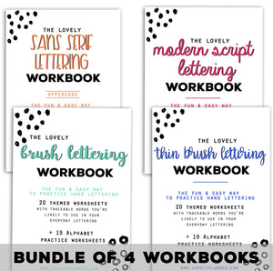 BUNDLE of 4 Lettering Workbooks with 150 Hand Lettering Practice Worksheets - Brush/Script -for Procreate & Print, Modern Calligraphy, Ipad