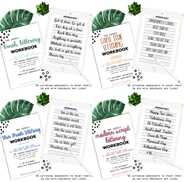 BUNDLE of 4 Lettering Workbooks with 150 Hand Lettering Practice Worksheets - Brush/Script -for Procreate & Print, Modern Calligraphy, Ipad