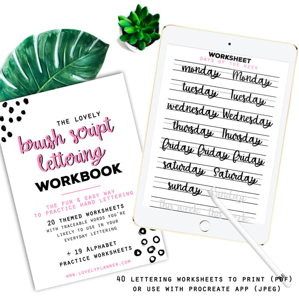 Brush Script Lettering - 40 Practice Worksheets