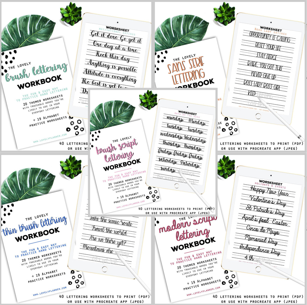 BUNDLE of 5 Lettering Workbooks with 190 Hand Lettering Practice