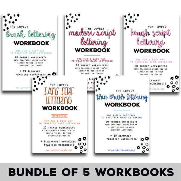 BUNDLE of 5 Lettering Workbooks with 190 Hand Lettering Practice Worksheets - for Print & Procreate