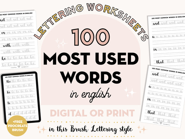 Top 100 Most Used Words | Lettering Practice Sheets for Procreate and Print