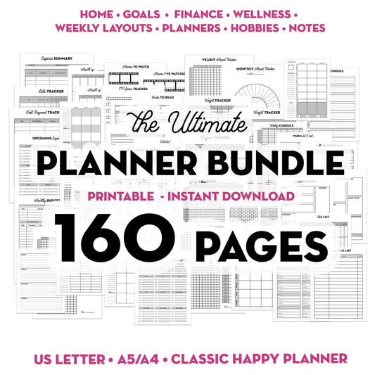 Ultimate Planner Bundle - 160 Printable Planner Inserts for A5, US Letter, Classic Happy Planner