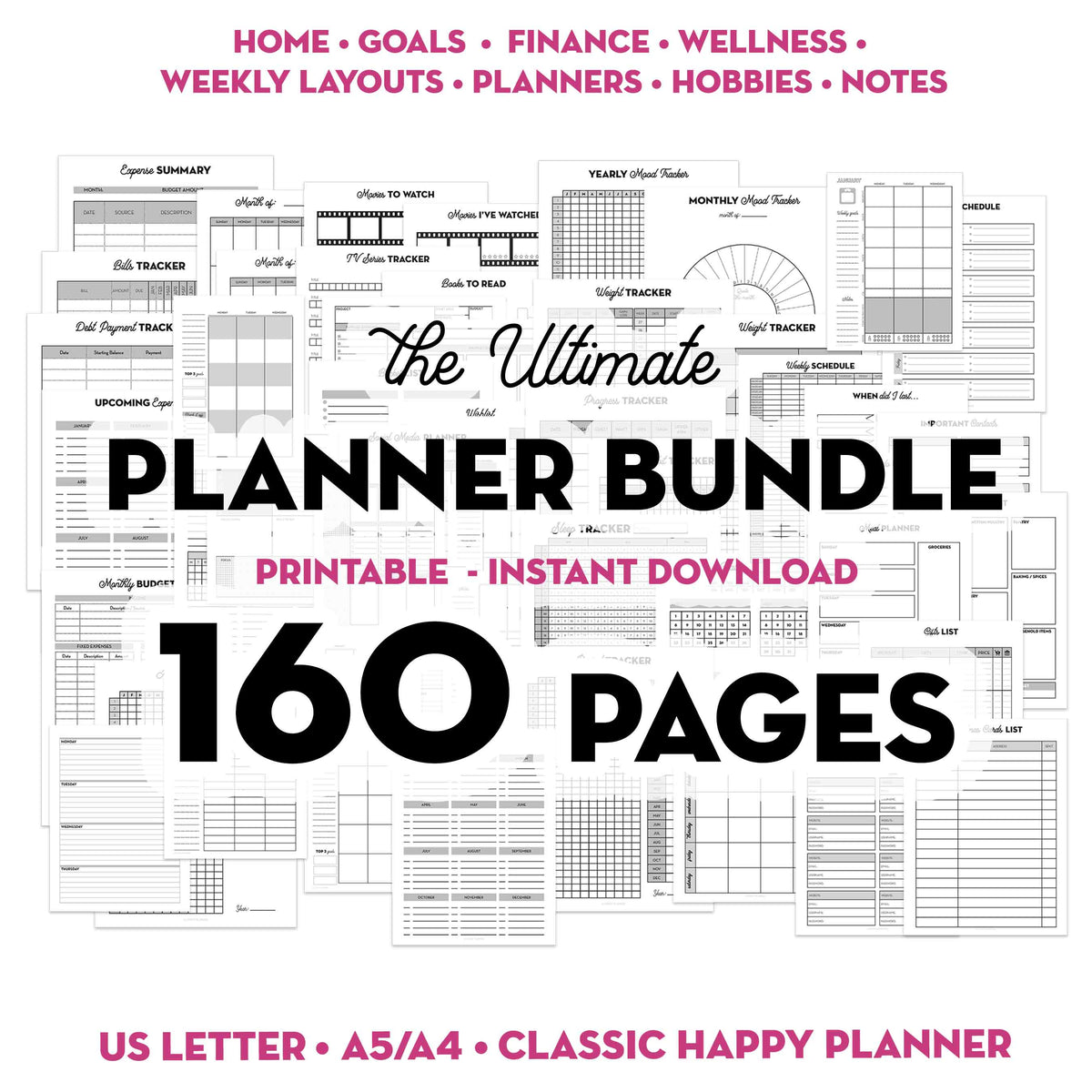Ultimate Planner Bundle - 160 Printable Planner Inserts for A5, US Let ...